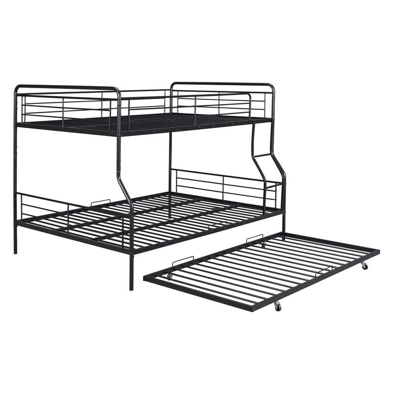 Black+Trundle Full XL over Queen Metal Bunk Bed with Full Length Guardrail, Convertible Design, Easy Assembly