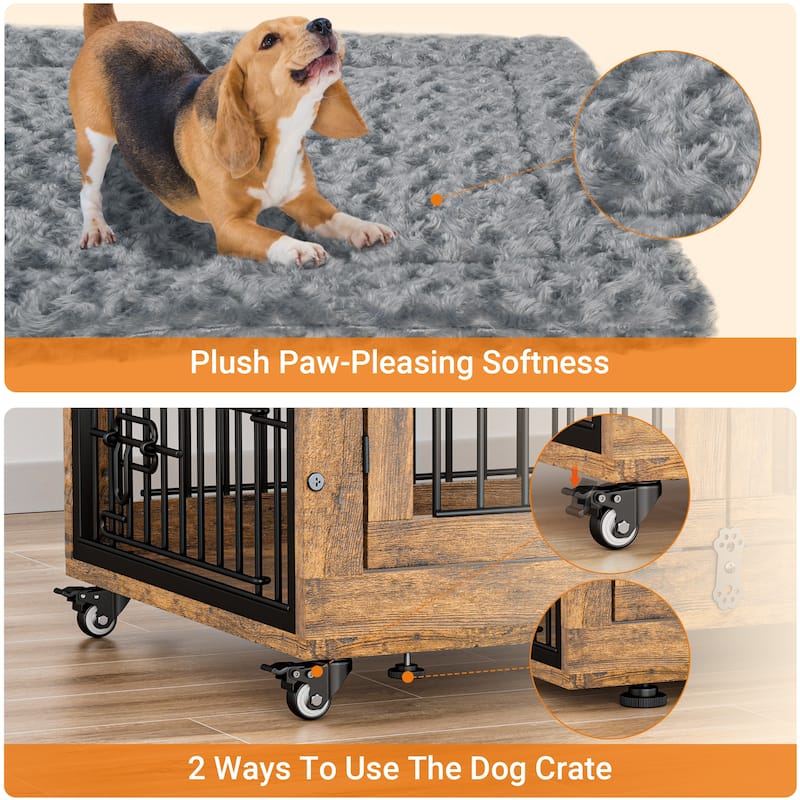 Dog Crate Indoor Heavy Duty Double Doors Wooden Dog Cage with Cushion