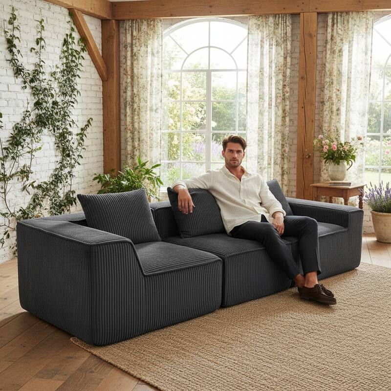 Modular Sectional Sofa with Pillows, Corduroy Upholstered 3-Seater Sofa, All-Compressed Foam Sofa for Living Room, Apartment