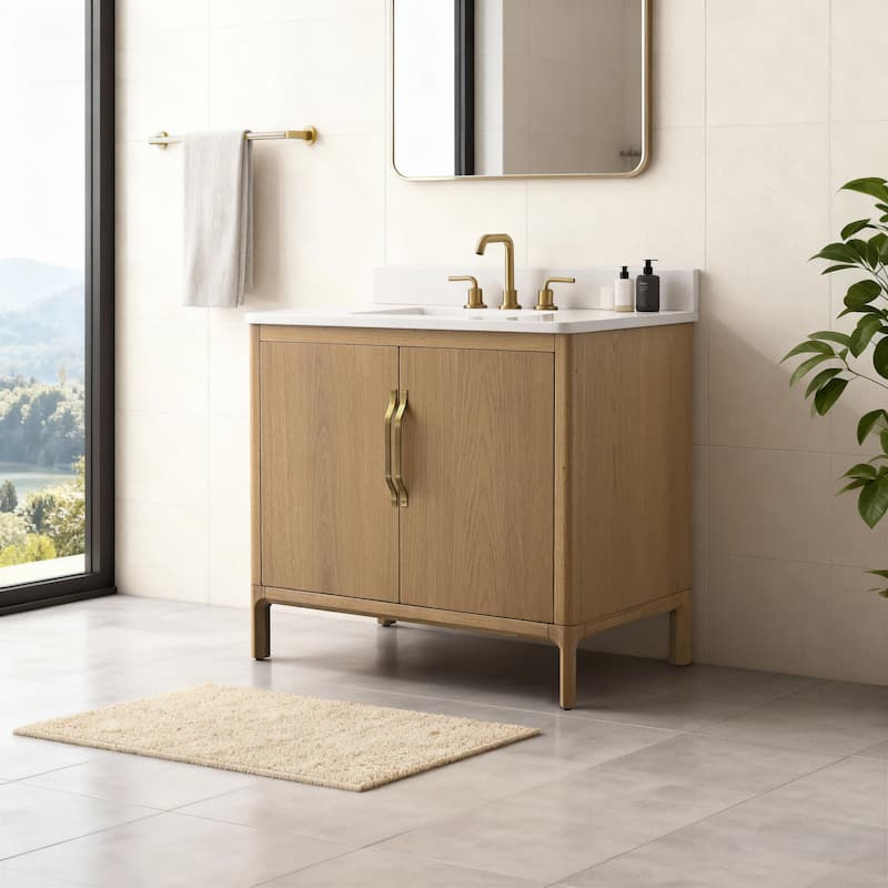 36" Freestanding Bathroom Vanity with Engineered Stone Top, Ceramic Sink, Built-In Power Outlet, and Soft-Close Doors
