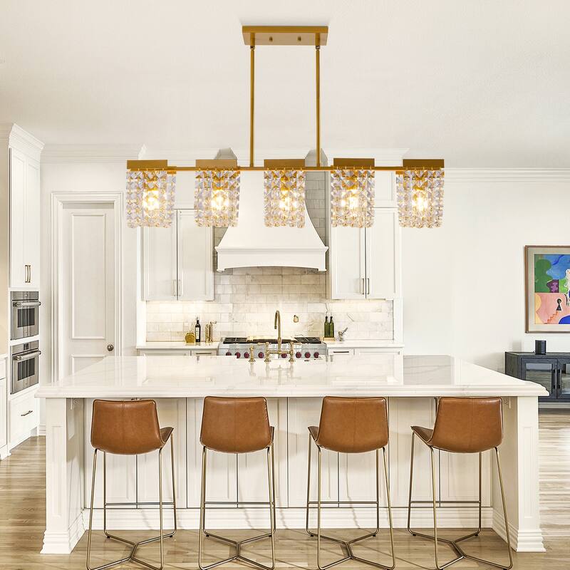 5-Light Luxury Retro Linear Crystal Chandelier Island Pendant Lighting Fixture.