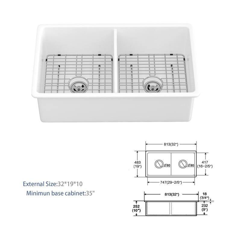32" Undermount Double Bowl Kitchen Sink