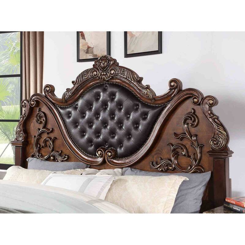 Luxury Brown Cherry Finish 1PC Button Tufted Bed
