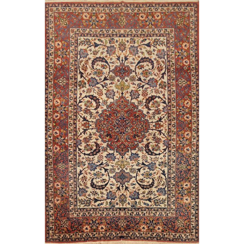 Hand Knotted Oriental 100% Wool Carpet Traditional Floral Beige & Ivories Isfahan Area Rug - 7' 5'' X 5' 1''