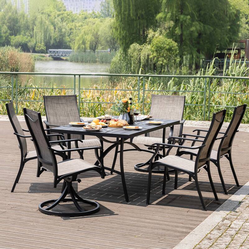 7-Piece Outdoor Dining Set with Textilene Stationary and Swivel Chairs