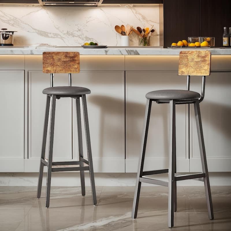 Black-Brown PU Leather Metal Bar Stool Set of 2 with Curved Back and Footrest - 11"D x 11"W x 37.8"H