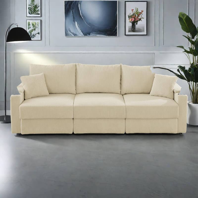 102" Corduroy Modern 3-Seater Sofa Deep Seat with Cup Holders & Phone Holder - Beige