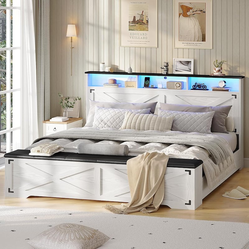 Bed Frame with Storage Ottoman Charging Station and Led Light