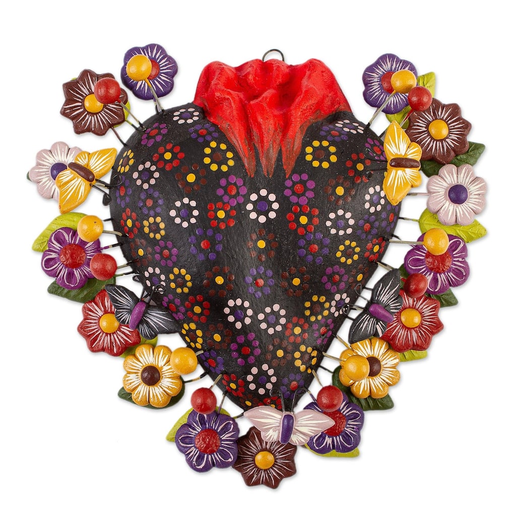 Ceramic wall art, 'Floral Butterfly Heart'