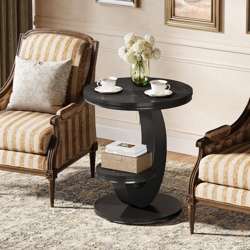 End Table with Storage Shelf, Wood Sofa Side Bedside Nightstand, Accent Snack Table for Living Room Bedroom - Black