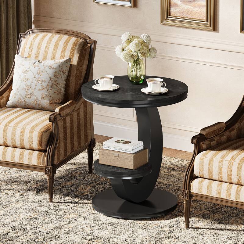 Round End Table, 2 Tiers Side Table with Storage Shelf