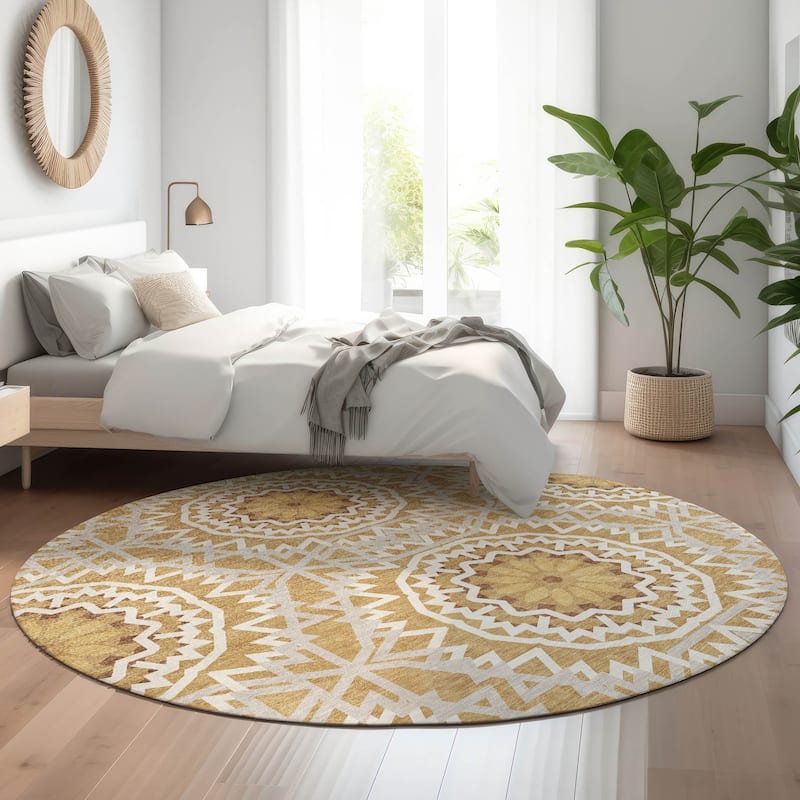 Premium Washable Super Soft Boho Global Mayfield Rug - Gold - 8' x 8' - Round