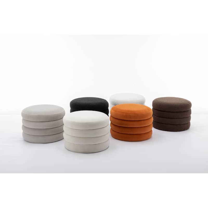 Velvet Fabric Storage Round Ottoman Footstool With Wooden Shelving,Ivory