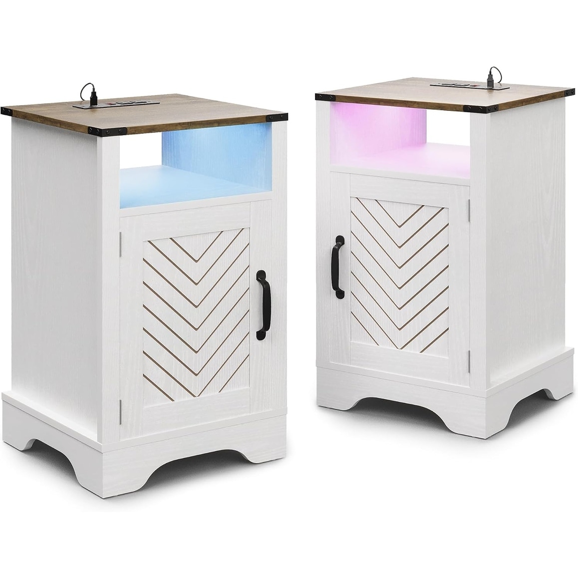 LED Nightstand Set of 2 with RGB Lights & Charging Station, Farmhouse Side Table with Storage, White & Rustic Oak