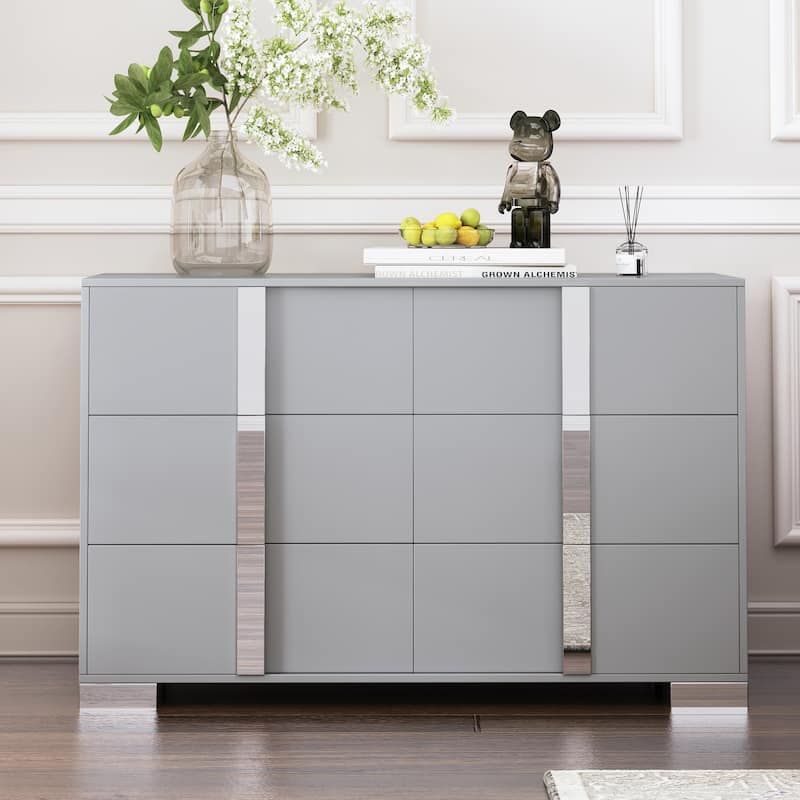 Mirrored Storage Cabinet with 6 Drawers, Storage Tower Clothes Organizer Closet, Bedroom Dresser with Metal Handle - Grey