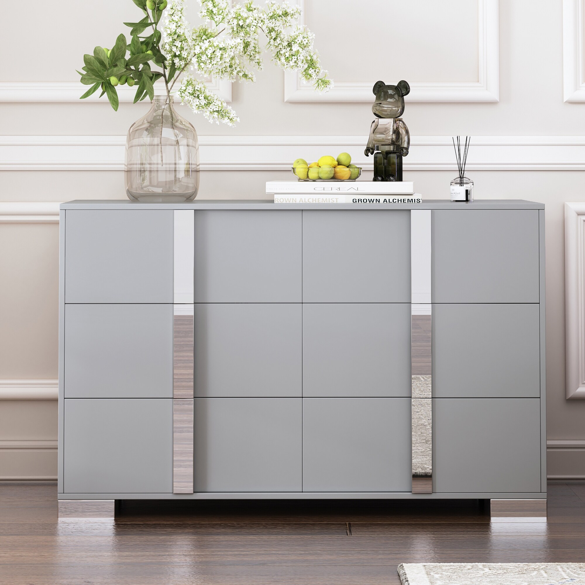 grey glass dresser Mirrored Storage Cabinet with 6 Drawers for Bedroom,Elegant Modern with Metal Handle - Bed Bath & Beyond Elvera