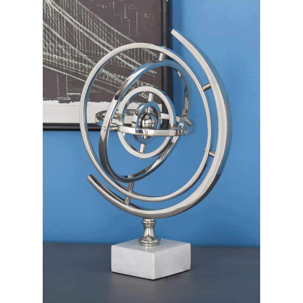 Silver Aluminum Metal Armillary Globe with Marble Base