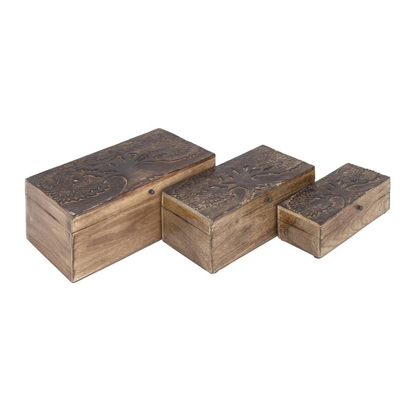 Mango Wood Floral Handmade Decorative Box with Hinged Lid - Set of 3 Brown - Roche River Decor - Brown