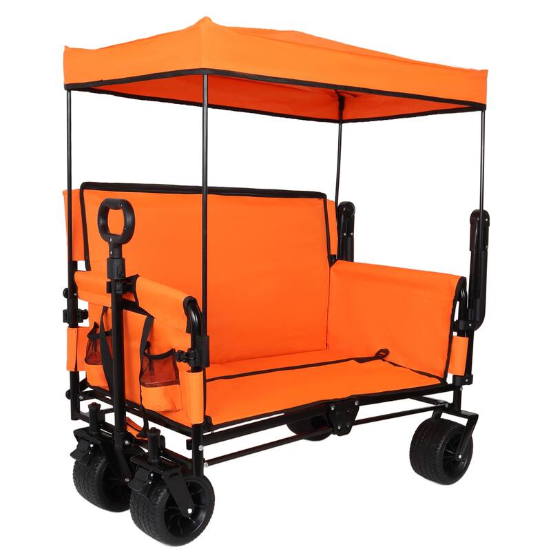 3-in-1 Folding Wagon with Bench Seat & Canopy - 500lb Heavy-Duty All-Terrain Cart, Orange