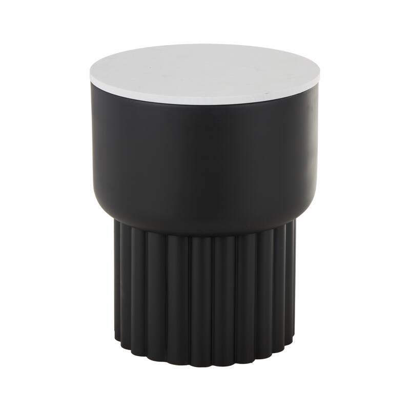 Black Metal Ribbed Side End Accent Table with White Marble Tabletop