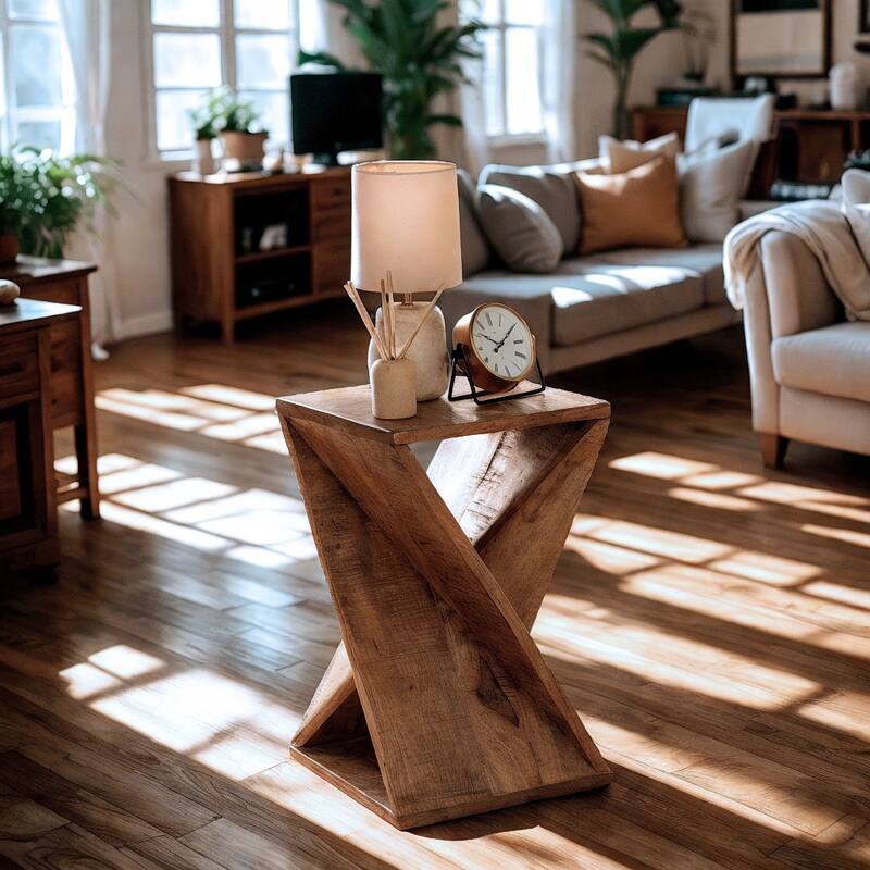Handcrafted Mango Wood Twist Side Table - 22" Tall Rustic Accent Table