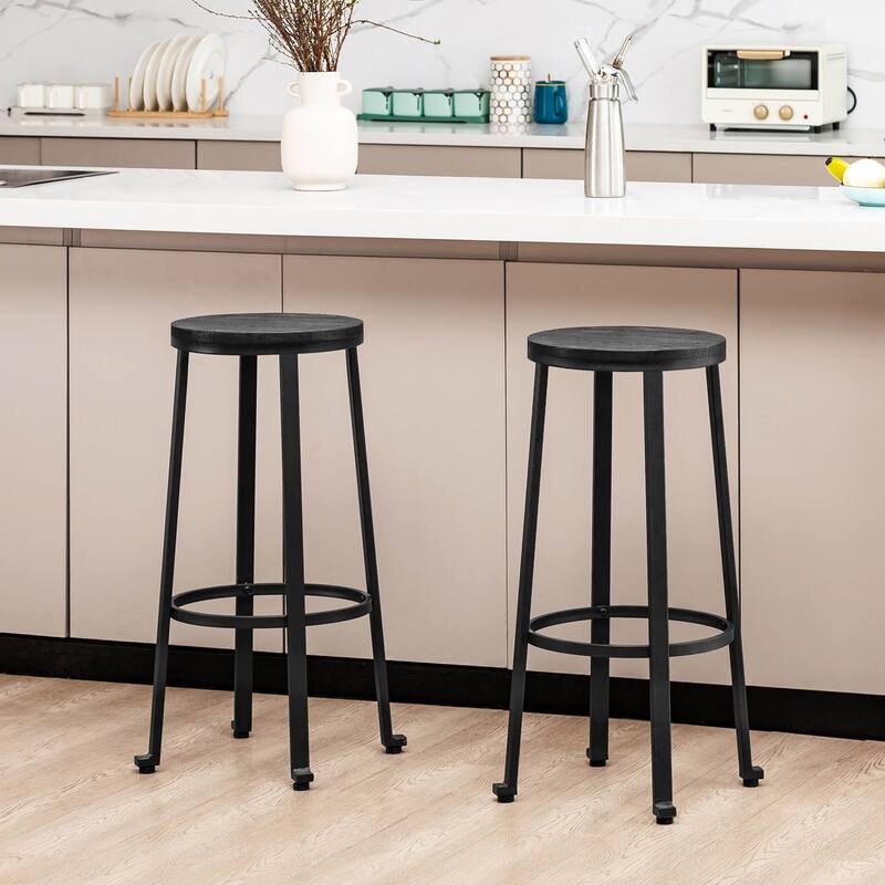 Glitzhome Industrial Rustic High Bar Stools with Wood Seat - Set of 2 - Black