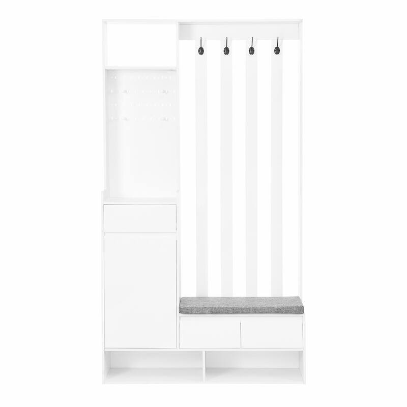 70.8"H Hall Tree with Cushioned Bench, Shoe Cabinet, Pegboard and 4 Hooks