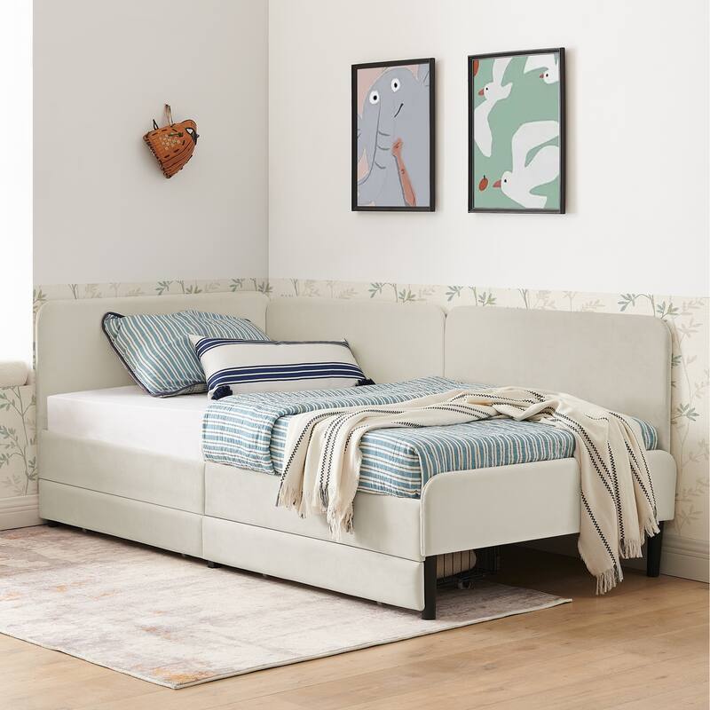 Twin Size Upholstered Platform Bed Frame With 2 Storage Drawers, Adjustable Velvet Sofa Bed
