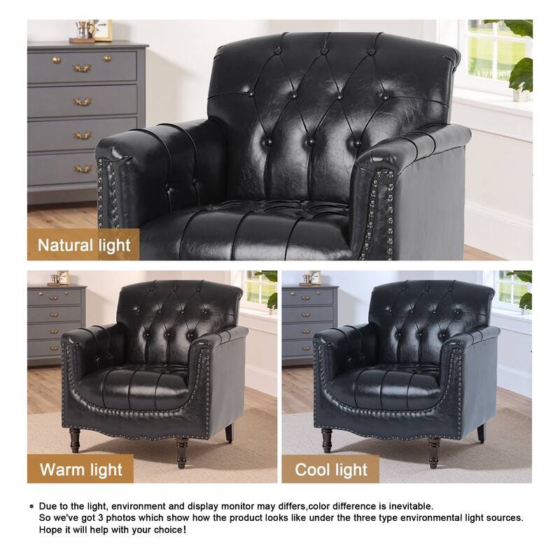 Set of 2 Tufted Vegan Leather Armchairs with Nailhead Trim and Wood Frame