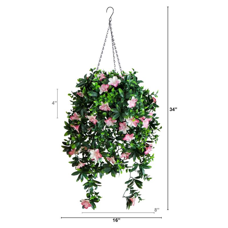34-in UV Resistant Artificial Azalea Hanging Basket (Indoor/Outdoor) - Green