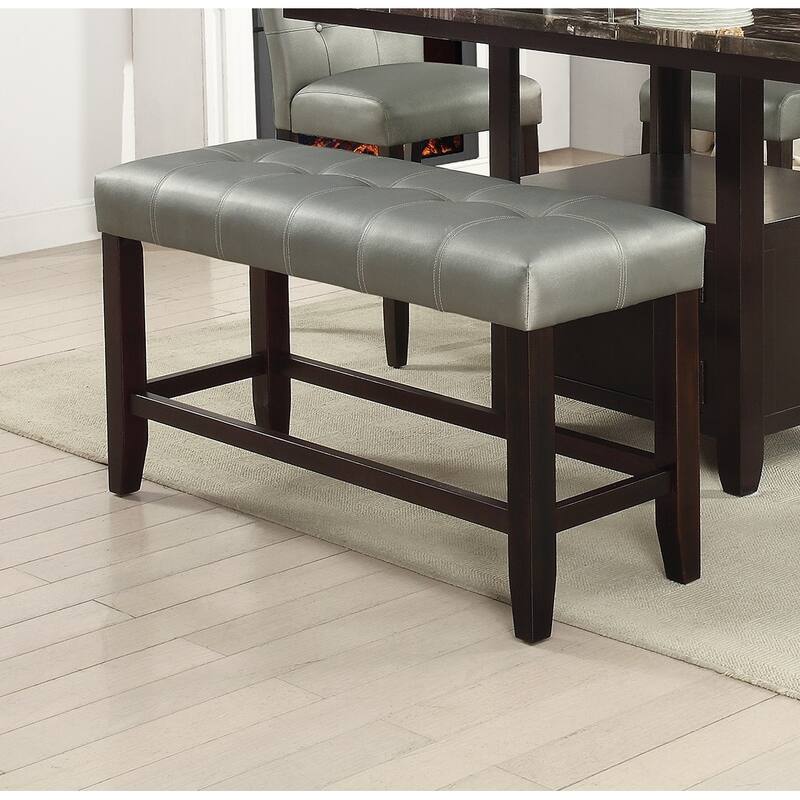 Counter Height 1pc Bench Dining Room Black Faux Leather Cushion Tufted Seat Wooden Base Comfort Seat Kitchen Dining - Silver