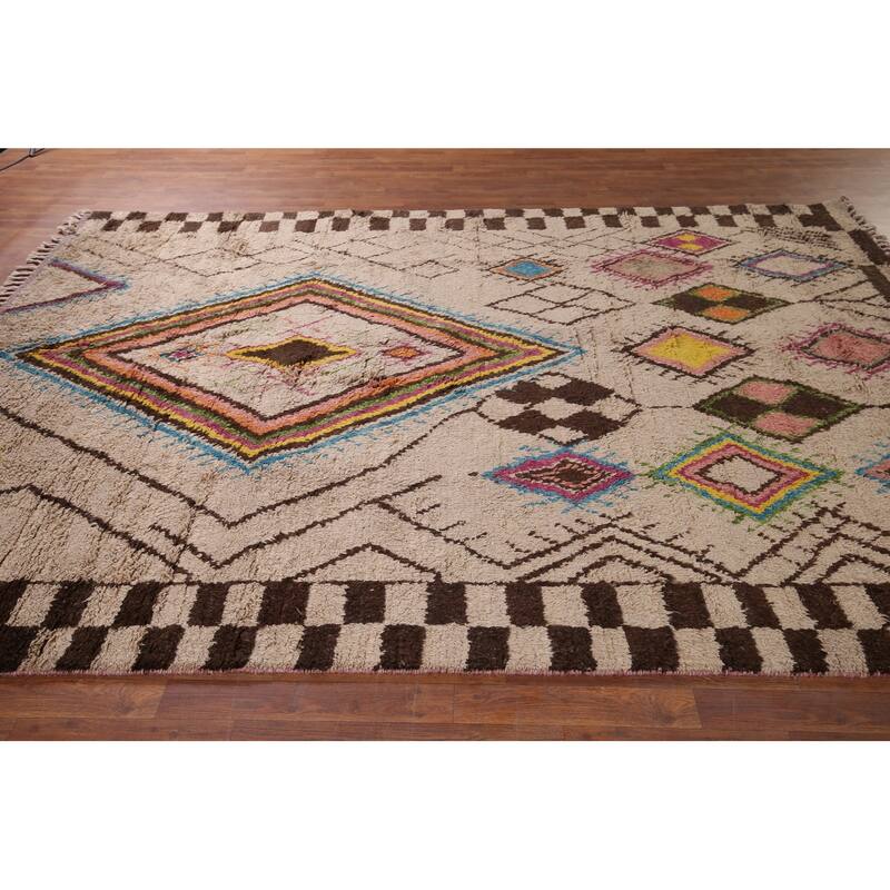 Hand Knotted Oriental 100% Wool Carpet Modern Tribal Beige & Ivories Moroccan Area Rug - 10' 3'' X 7' 6''