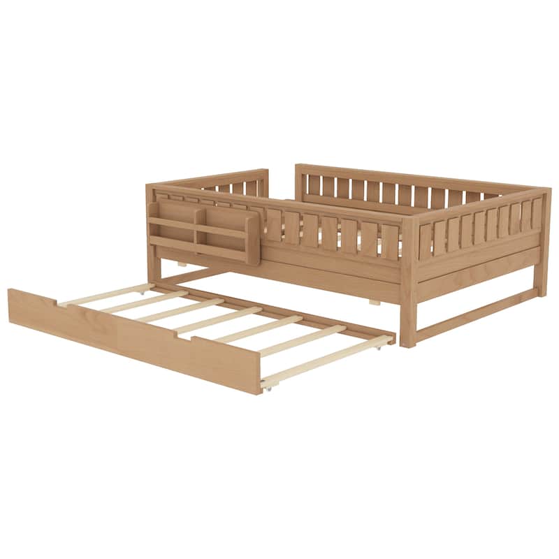 Full/Twin Size Wood Bed with Built-in Bookshelves and Storage Staircase, Safety Rails and Trundle Bed