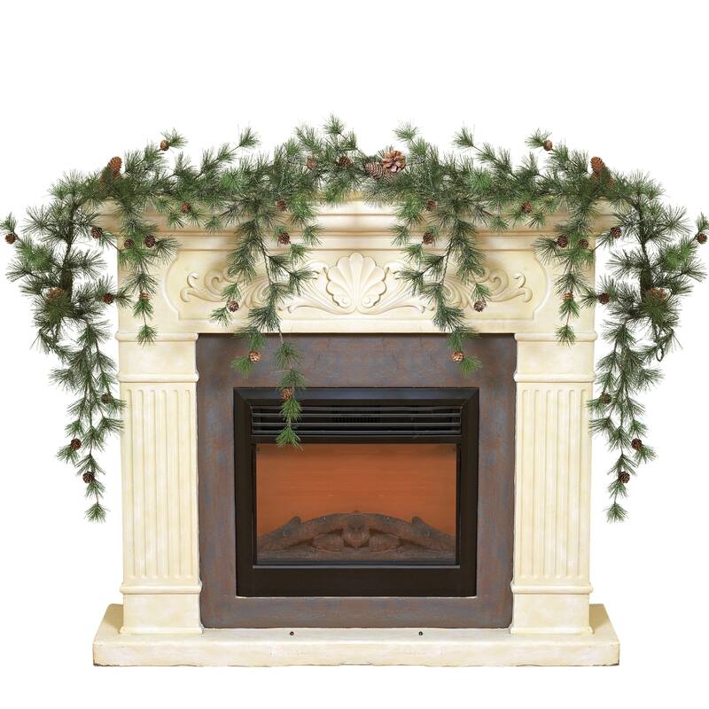 Snowy Ming Pine Garland with Drooping Branches and Pinecones - N/A
