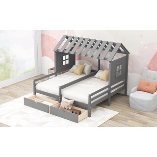 House Montessori Shared Bed, Combination 2 Side by Side Bed, Twin, Gray