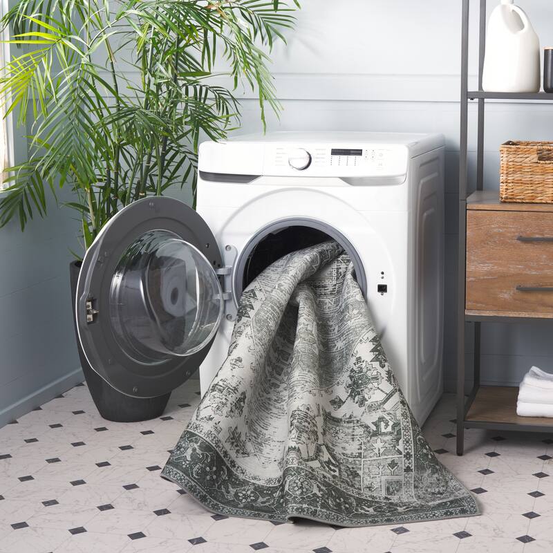 SAFAVIEH, Tucson Machine Washable Slip Resistant Therese Oriental Medallion - 2' 6" x 4' - Dark Sage/Ivory