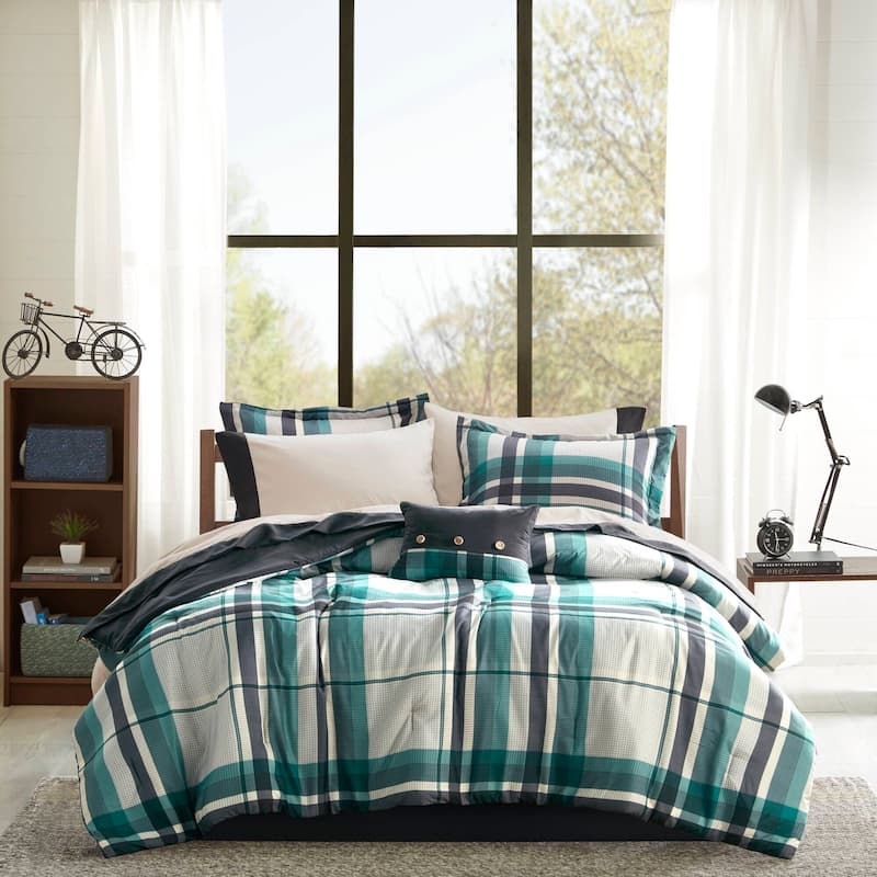 Intelligent Design Roger Plaid Comforter Set with Bed Sheets - Teal/Black - Queen