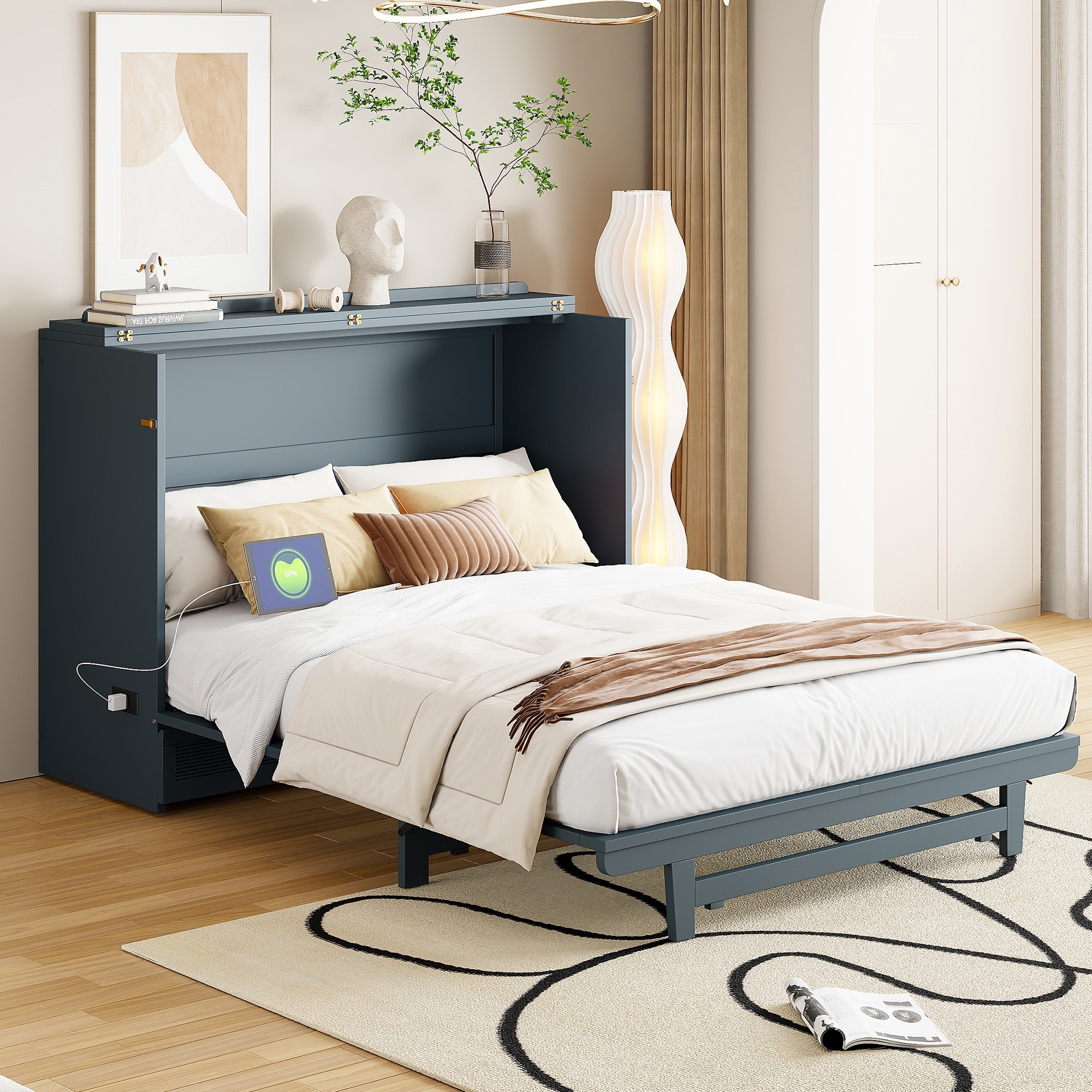 Wood Murphy Bed with Large Drawer, Murphy Cabinet with Foldable Panel, Living Room Murphy Cabinet Bed with USB Ports and Outlets