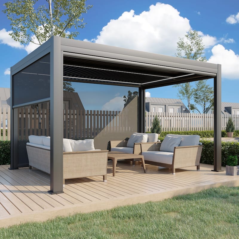 EROMMY Outdoor Louvered Pergola Gazebo with Adjustable Aluminum Rainproof Roof and Pull-Down Screen