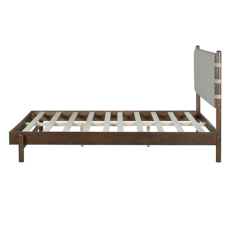 Classic Queen/King Size Platform Bed, Rubber Wood Bed Frame with Upholstered Headboard, Wood Slat Support