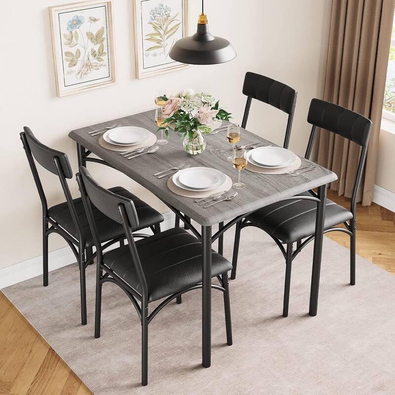 5-Piece Dining Table Set with 4 Upholstered Chairs, Metal and Wood Table for Kitchen or Apartment