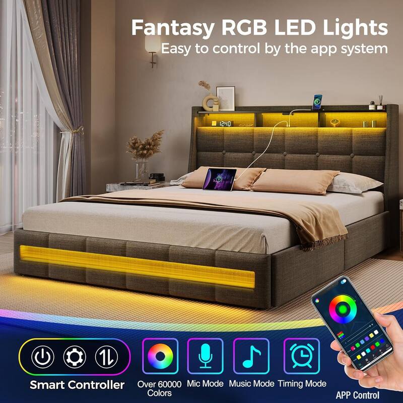Bed Frame with Upholstered Headboard and 4 Drawers,Plateform Bed with Charging Station and RGB LED Lights