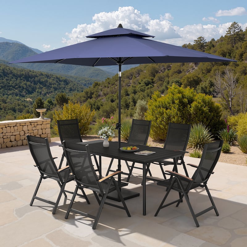 9PC Outdoor Patio Dining Set Aluminum Table with Folding Armchairs w/ Market Umbrella Sets - BlackTable&BlackChairs&NavyBlueUmbrella