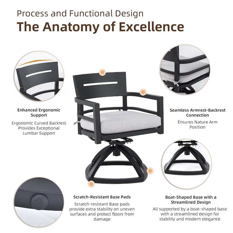 5-Piece Pedestal Dining Set - 44" Sintered Stone Table and 4 Swivel Rockers, Rust-Free Aluminum, Ember Black