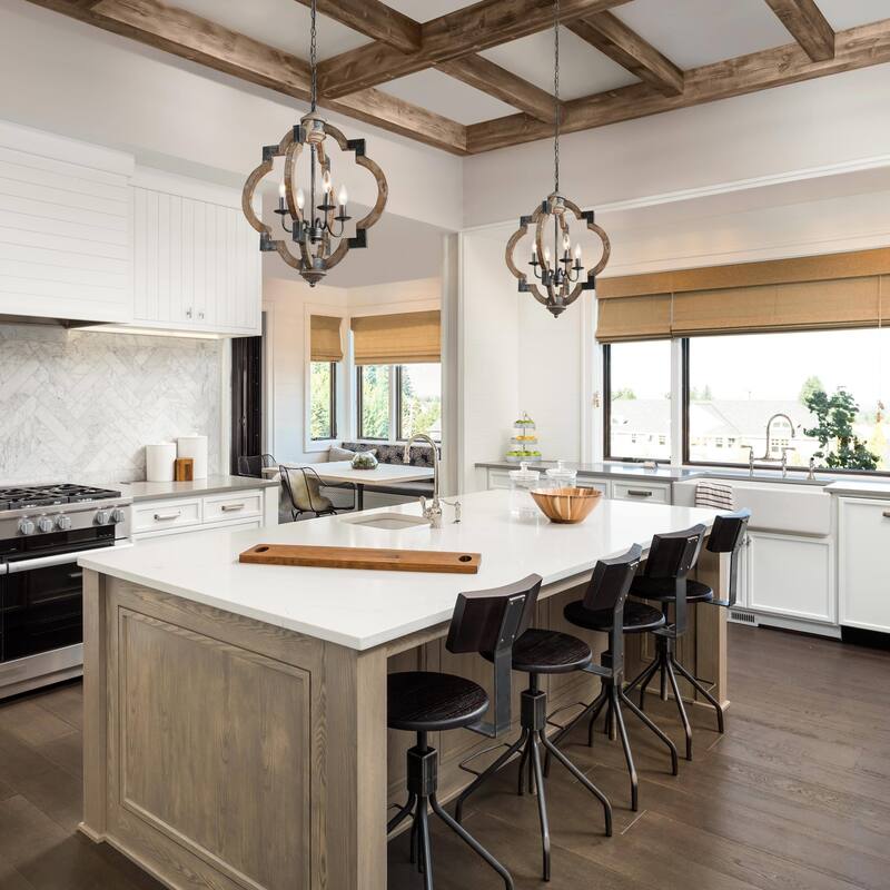 Modern Farmhouse 3/4-Light Wood Lantern Chandelier for Dining Room Foyer