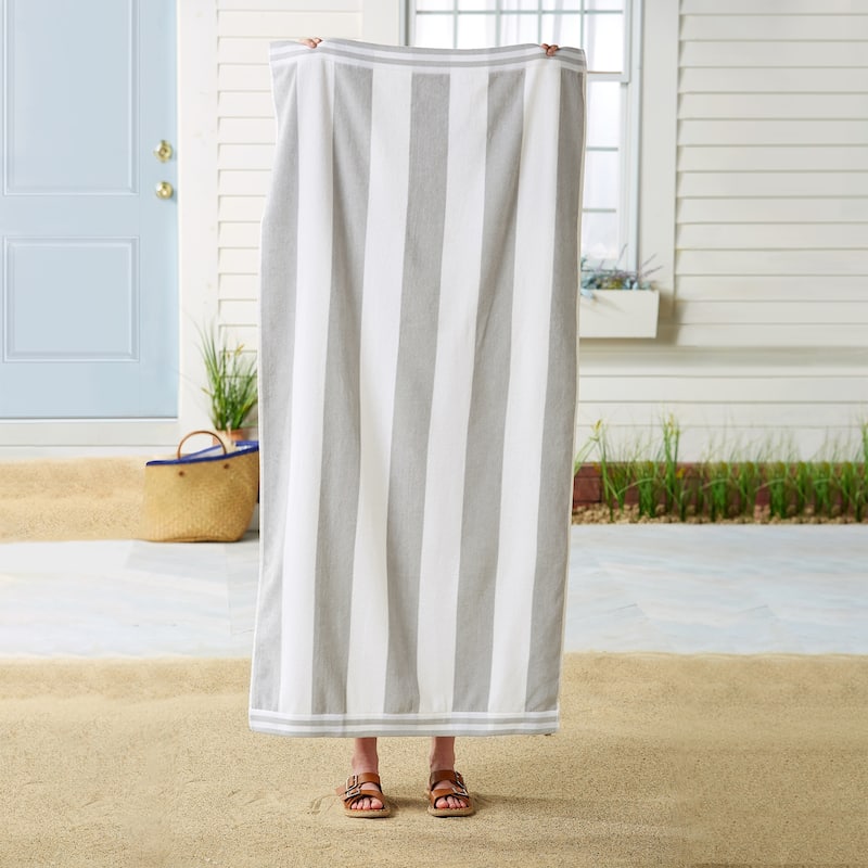 Linery & Co. 100% Cotton Velour Cabana Stripe Oversized Beach Towel.