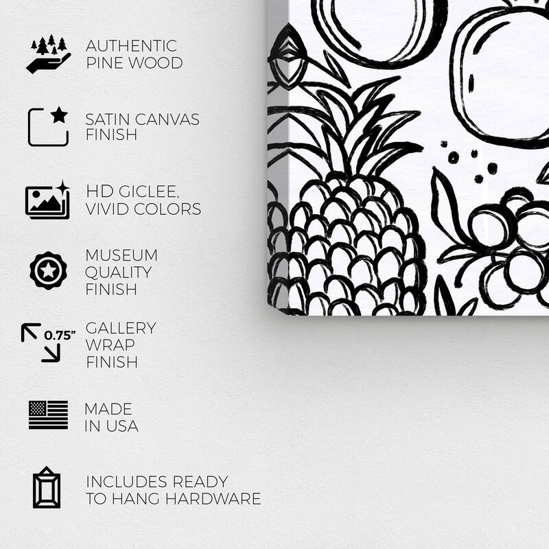 Wynwood Studio Prints Food and Cuisine Inked Fruit Pattern Black and Modern & Contemporary Wall Art Canvas Print