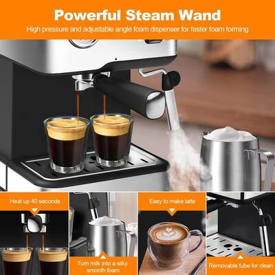 Stainless Steel Espresso Machine with Pressure Gauge and Milk Frother Steam Wand, 1.5L Water Tank