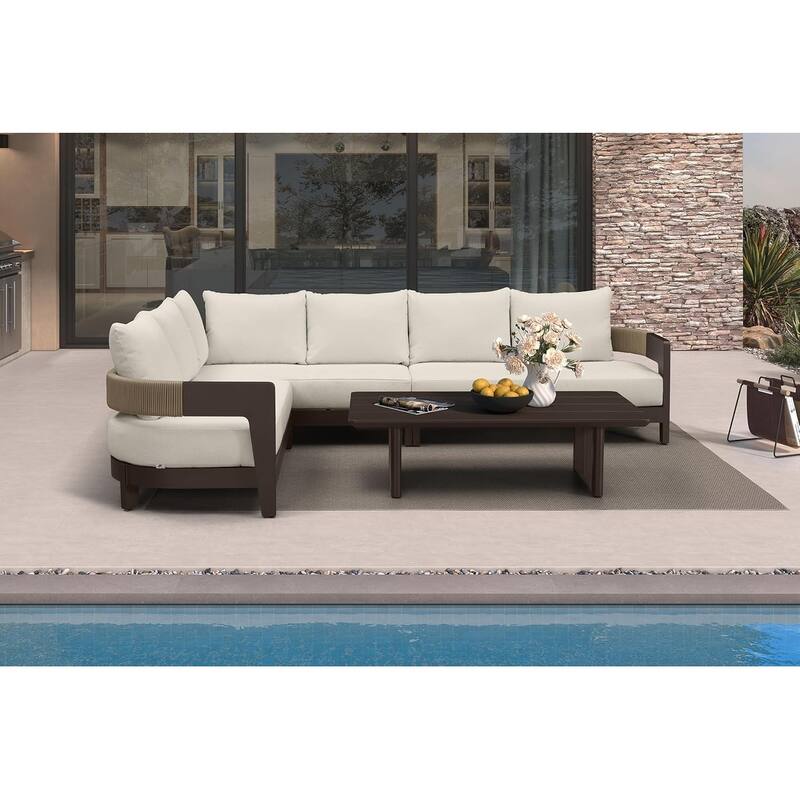 PURPLE LEAF Modern Aluminum Sectional Sofa with 7.87" Cushions for Yard Porch Deck Outdoor Conversation Sets - 5-Seat w/ Table - L-Shaped-Left