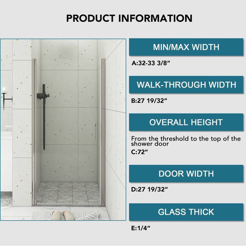 30/32/34/36 Inch Semi-Frameless Pivot Shower Door with Clear Tempered Glass